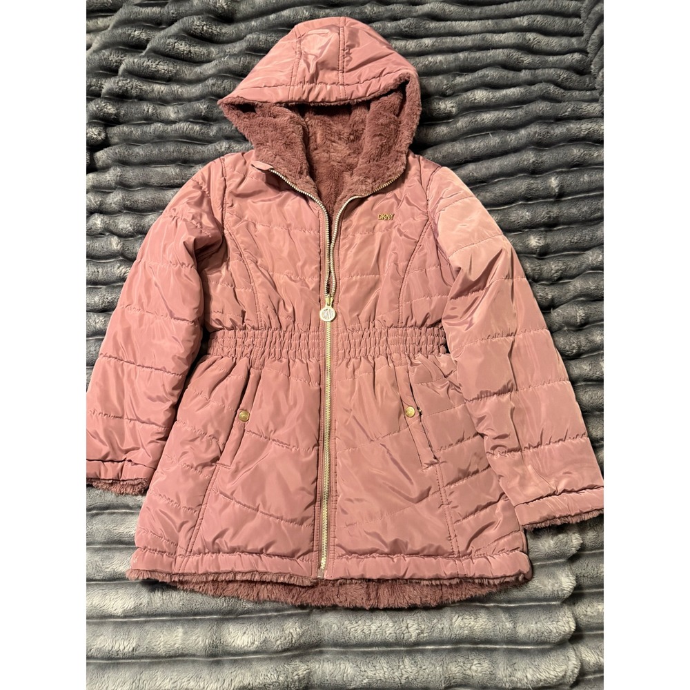 DKNY Girls Mauve Pink Faux Fur Lined Puffer Jacket Hooded Cinched Waist Coat